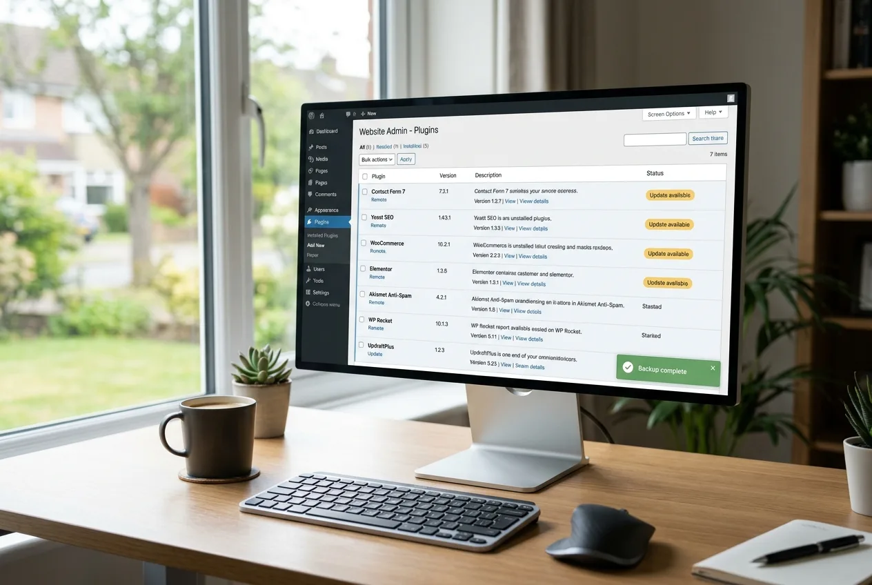 A website admin dashboard listing plugins with update badges, with a 'Backup complete' notification showing.