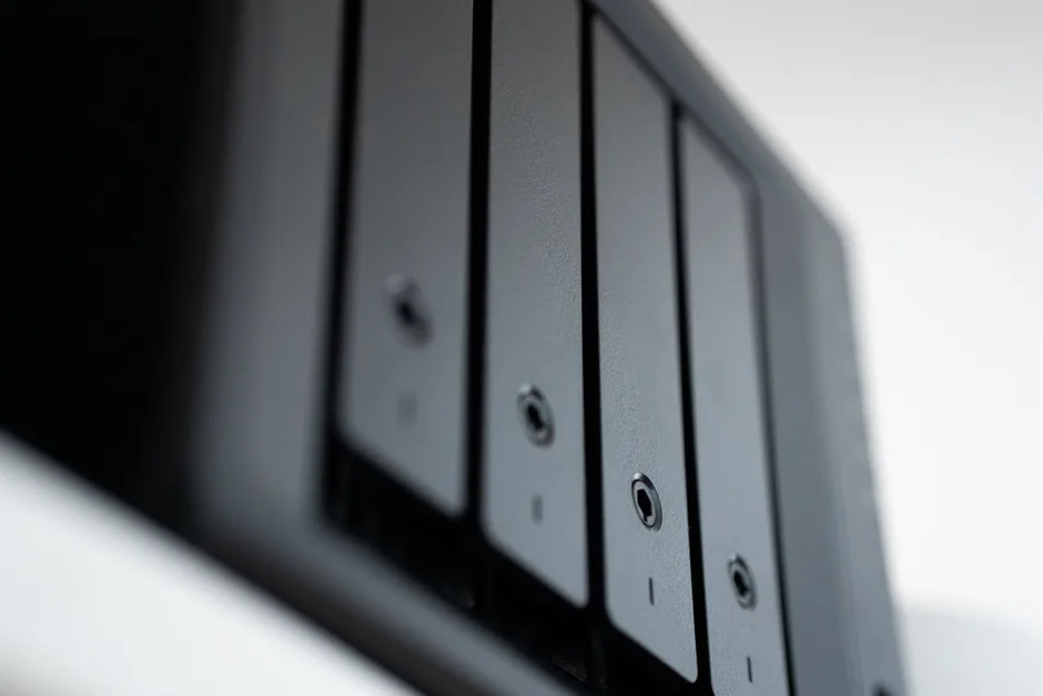 Detailed view of a black data storage unit used for backup and data management.