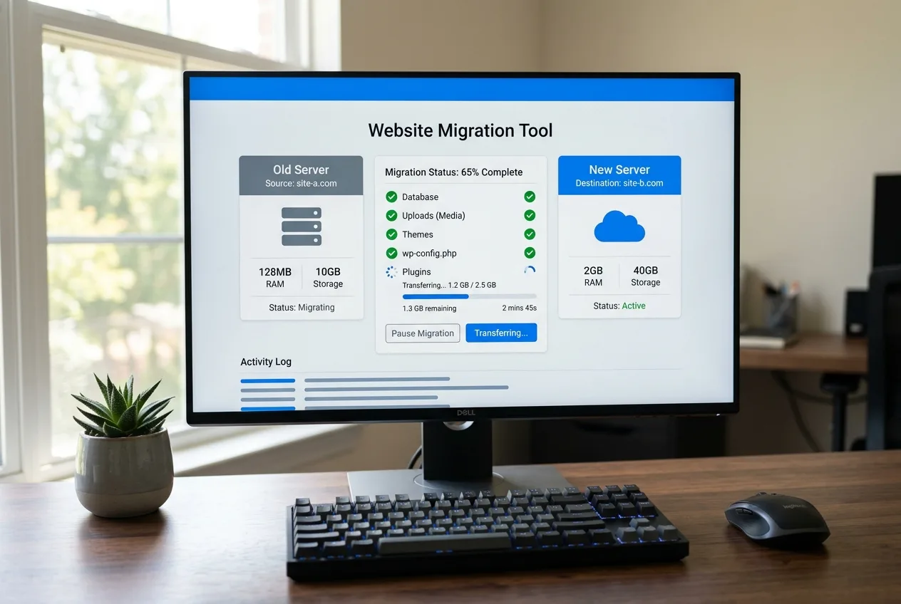 A migration tool showing a checklist of site components being copied from an old server to a new one.