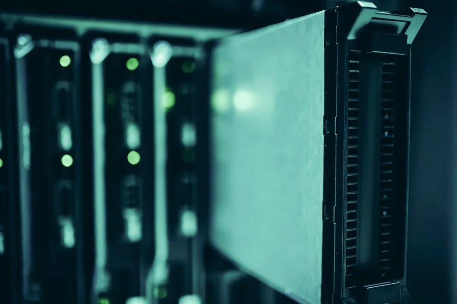 Close-up of server racks in a data center highlighting modern technology infrastructure.