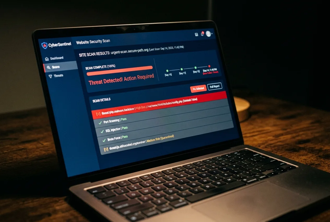 A laptop screen showing a website security scan with one item flagged as a malware detection.