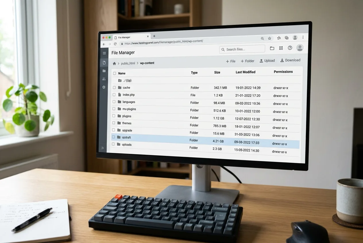 A hosting file manager listing wp-content subfolders by size, with an oversized 'updraft' backup folder highlighted.