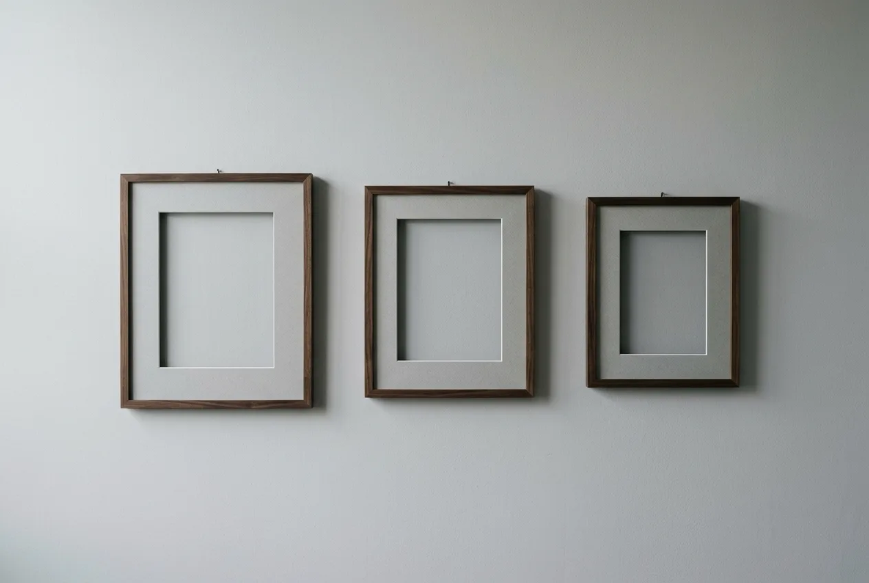 Three empty picture frames hanging on a plain wall, evoking blank widget areas.