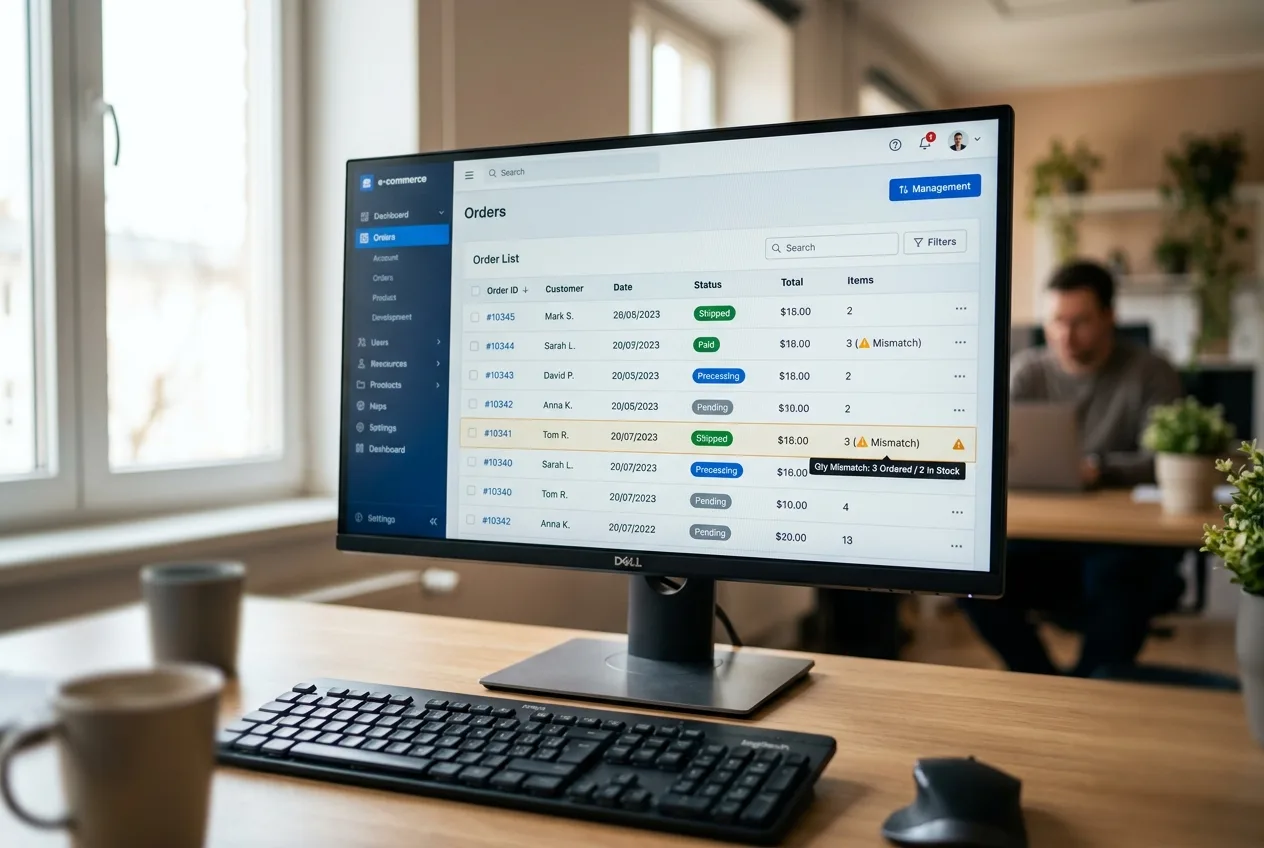 A computer screen showing an e-commerce order list dashboard with one row flagged by a warning icon next to a mismatched count.