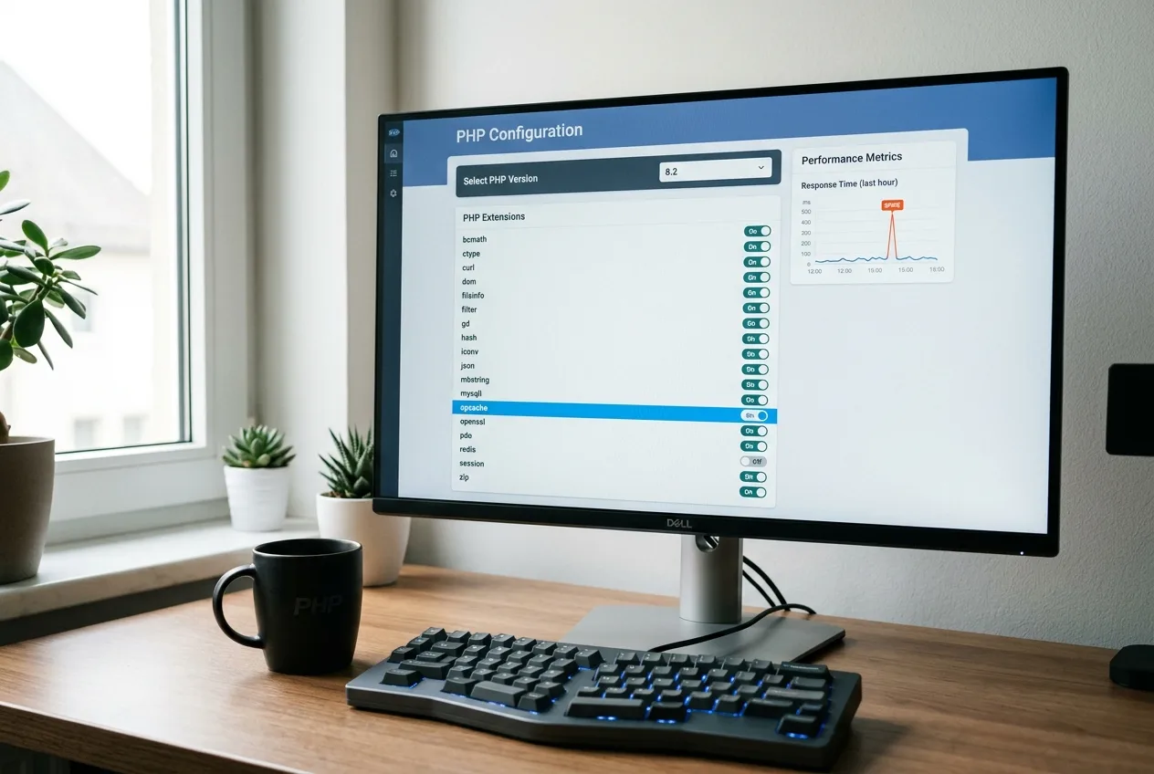 A hosting control panel PHP configuration page with a version dropdown, an extensions list including OPcache, and a response-time graph.